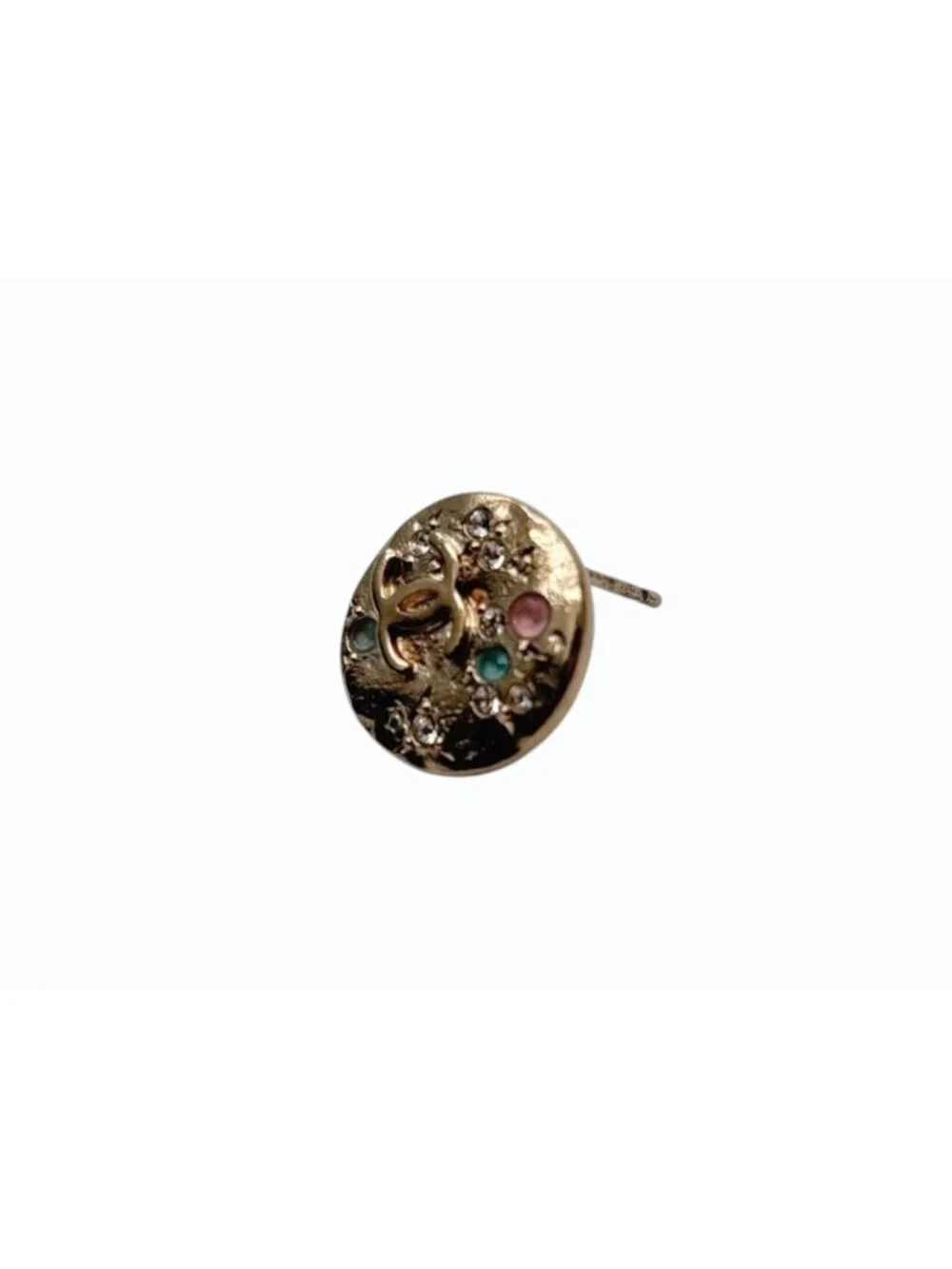 Chanel CC Logo Round Earrings 16 Rhinestone Color Stone Gold Metal